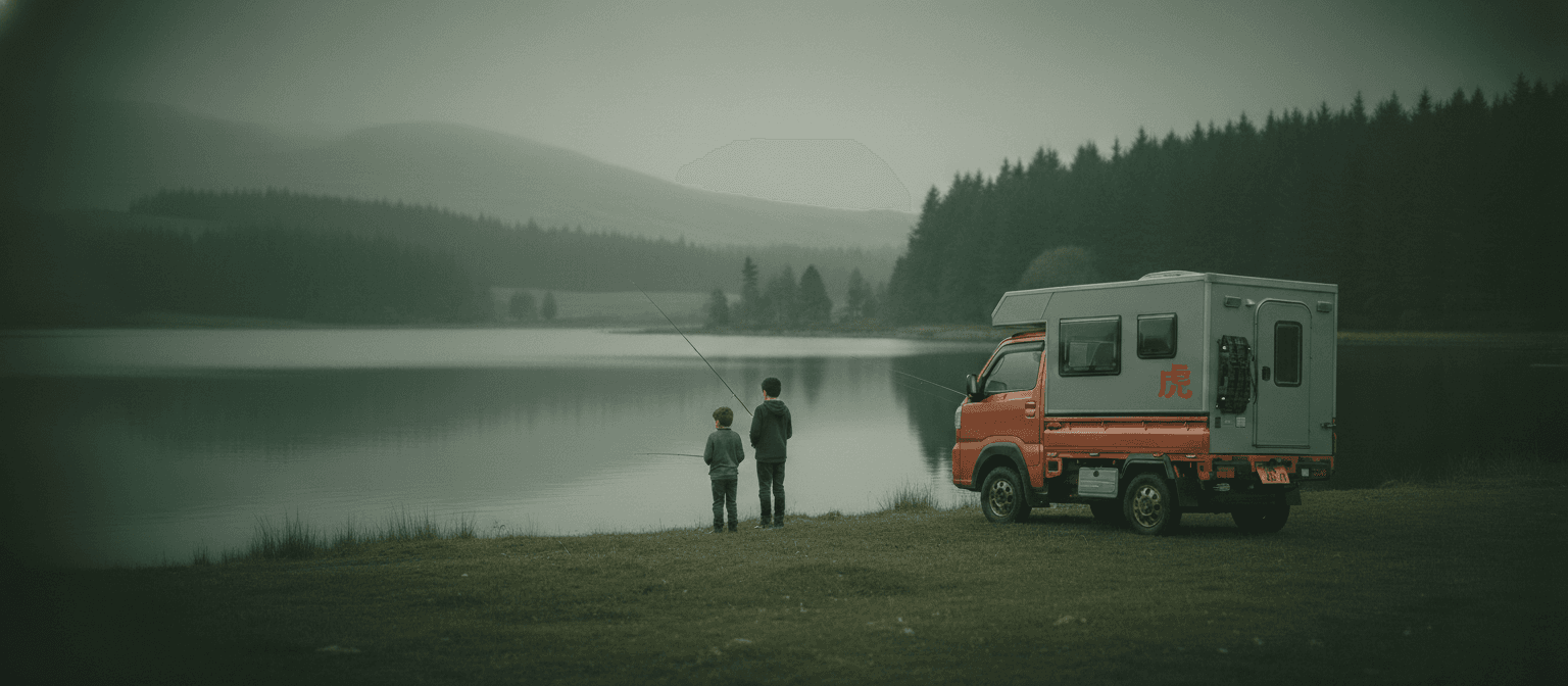 A KeiTora bolt-on camper kei truck parked by a misty lake while two children fish